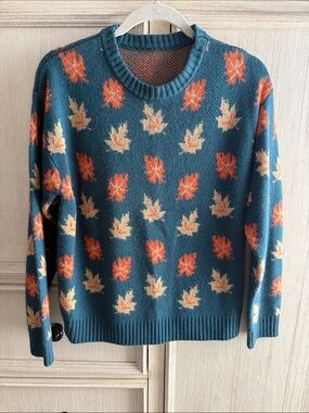 Teal Leaf-Print Knit Sweater in Teal, Orange & Cream